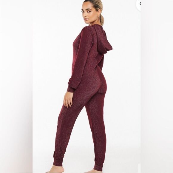 Savage X Fenty Sleep & Shine Hooded Jumpsuit Red Cocoa Size S Burgundy Glitter - Picture 2 of 15